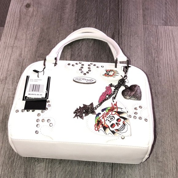 Ed Hardy White Faux Leather Satchel Embossed Skull & Rhinestones Bag Charm NWT - Picture 16 of 16